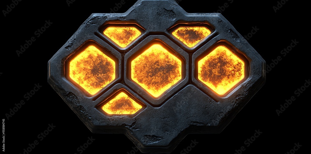 Poster A stylized graphic featuring glowing orange hexagonal shapes within a dark metallic frame.