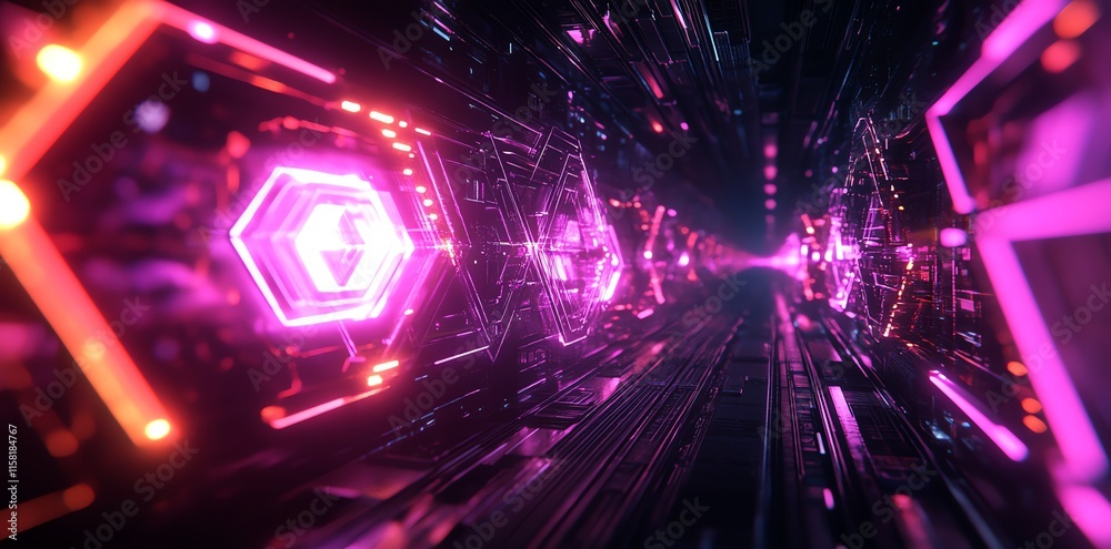 Poster a futuristic tunnel with glowing hexagonal patterns in vibrant pink and purple hues.