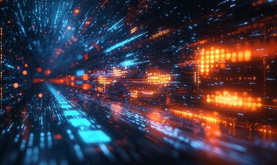 Fototapeta premium A vibrant digital landscape with glowing lines and dots, creating a sense of movement and technology, reminiscent of data flow or virtual environments.