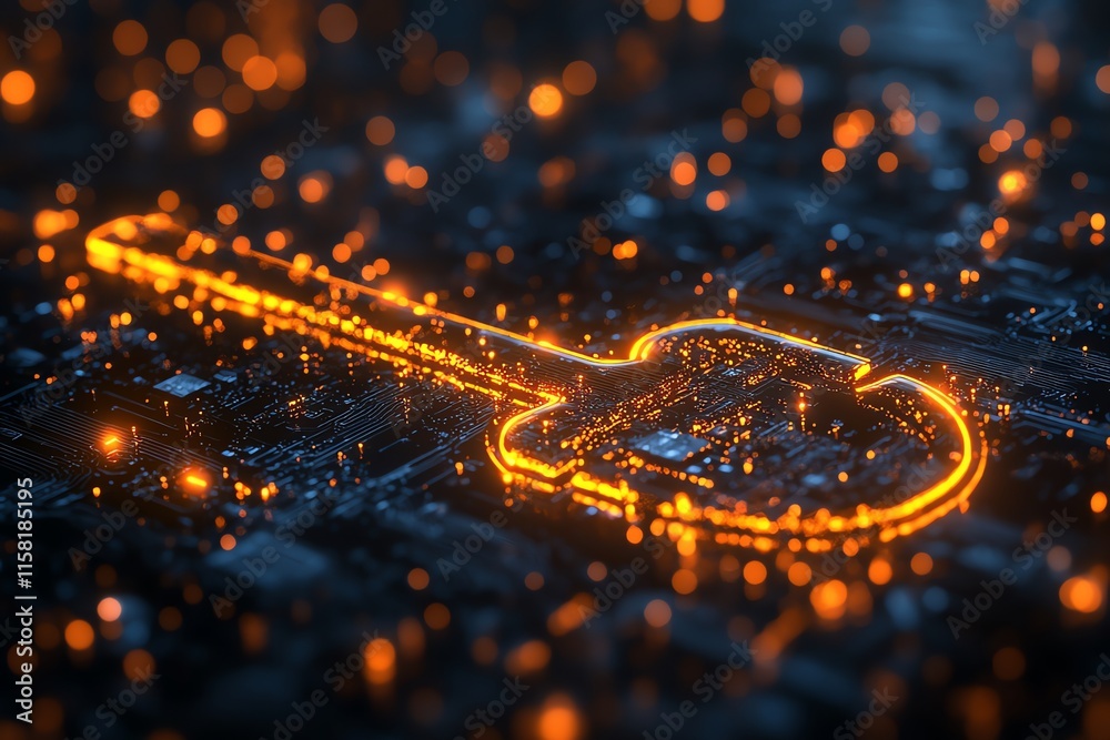 Aufkleber a glowing key shape over a digital circuit board, symbolizing technology and security.