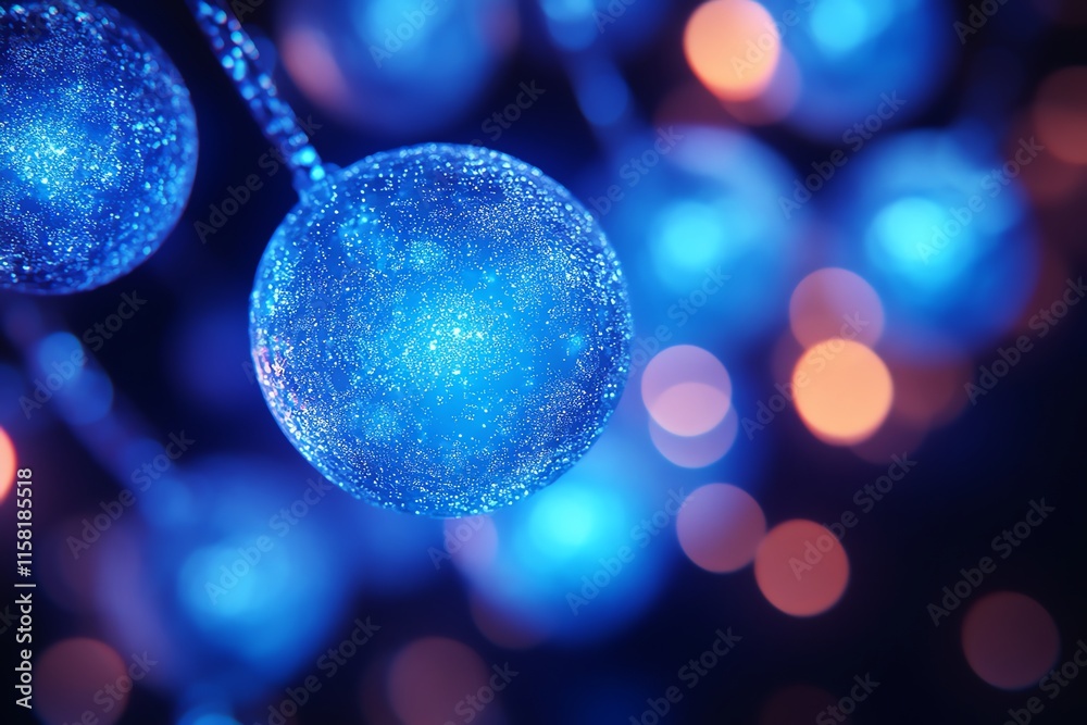Poster a close-up of shimmering blue decorative orbs with a blurred background of lights.