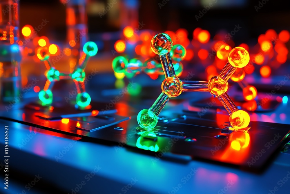 Poster colorful molecular models illuminated in a scientific setting.