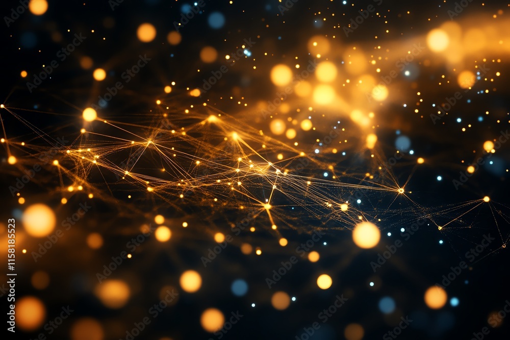 Fototapete Abstract visualization of interconnected nodes and glowing particles representing data or networks.