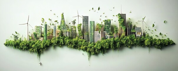 Green energy and sustainable industry in the ESG framework, featuring solar panels, wind turbines, and ecofriendly practices in business operations