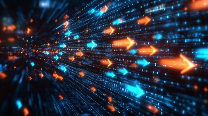Fototapeta premium A vibrant digital representation of arrows moving through a data stream, symbolizing speed, technology, and connectivity in a futuristic environment.