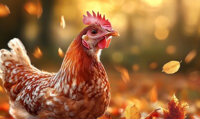 Fototapeta premium A vibrant hen stands amidst falling leaves, bathed in warm sunlight, capturing the essence of autumn in a picturesque rural setting.