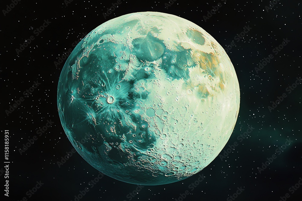 Poster a stylized depiction of a celestial body resembling a moon in a starry space background.