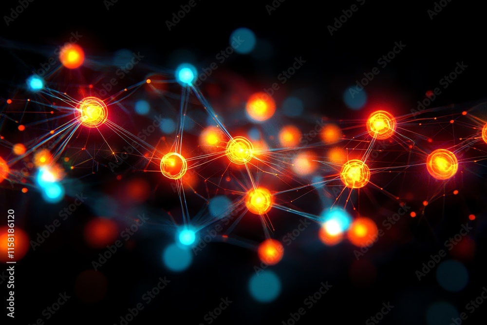 Poster Abstract representation of interconnected nodes and particles, symbolizing technology and science.