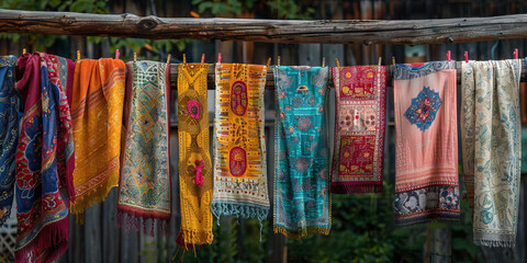 Ten Ornamented Scarves Hanging on Wooden Rod