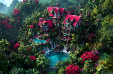 A lush green forest with a red house and a waterfall. The house is surrounded by a pool and a garden