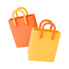 Shopping bags 3D autumn concept. Yellow and orange shopping Bag Icon. Realistic vector symbol of seasonal sale, autumn discount, october shopping. Plastic cartoon style illustration on white.