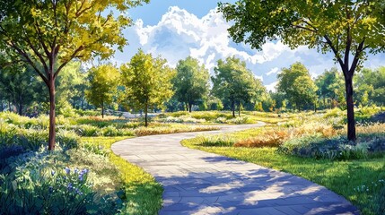 Obraz premium Serene Pathway Through Lush Green Park Surrounded by Vibrant Trees and Colorful Flowers Inviting Peaceful Strolls in Nature's Embrace