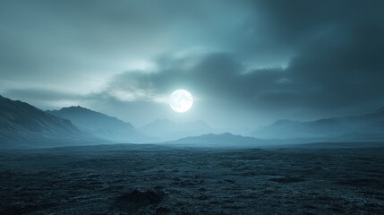 Naklejka premium A serene, moonlit landscape with misty mountains under a cloudy sky.