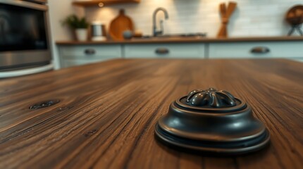 Obraz premium A low-angle, dramatic close-up of a wood table top on a blurred kitchen counter background, showcasing a cast bronze surface with an antique patina finish