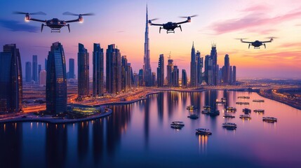 Drones flying over a city skyline at sunset, showcasing urban architecture and waterways.