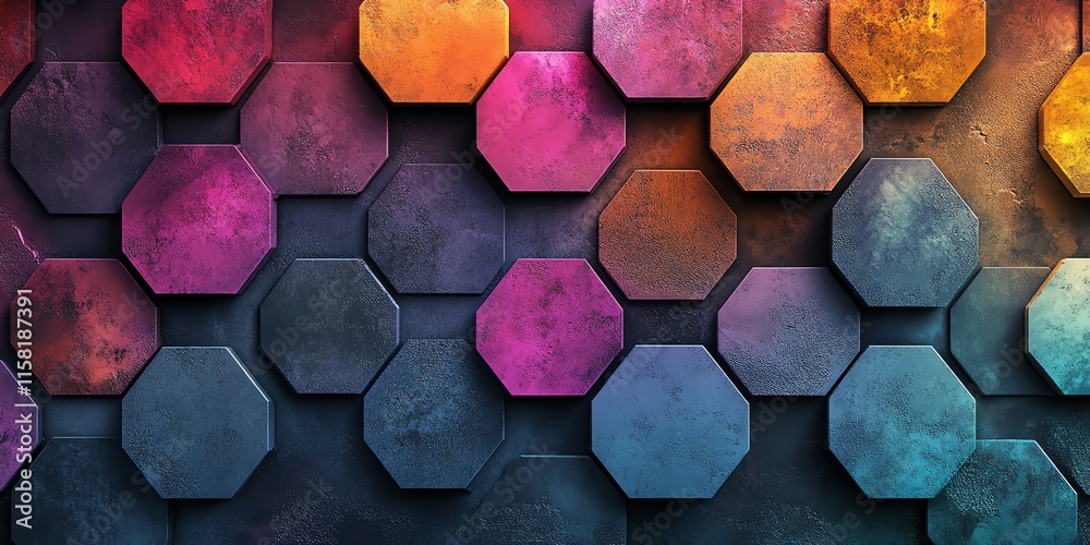 Poster A vibrant hexagonal pattern with a gradient of colors, showcasing modern design aesthetics.