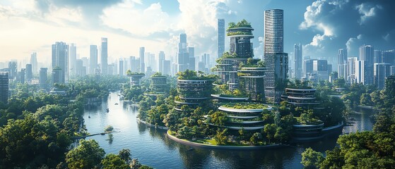 Futuristic urban landscape featuring sleek buildings, green rooftops, solar energy, and thriving nature, creating a perfect blend of ecofriendliness and technological advancement