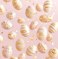 Fototapeta premium pink background with gold Easter eggs floating in the air