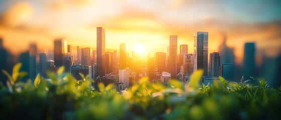 Fototapeta premium Futuristic urban landscape featuring sleek buildings, green rooftops, solar energy, and thriving nature, creating a perfect blend of ecofriendliness and technological advancement