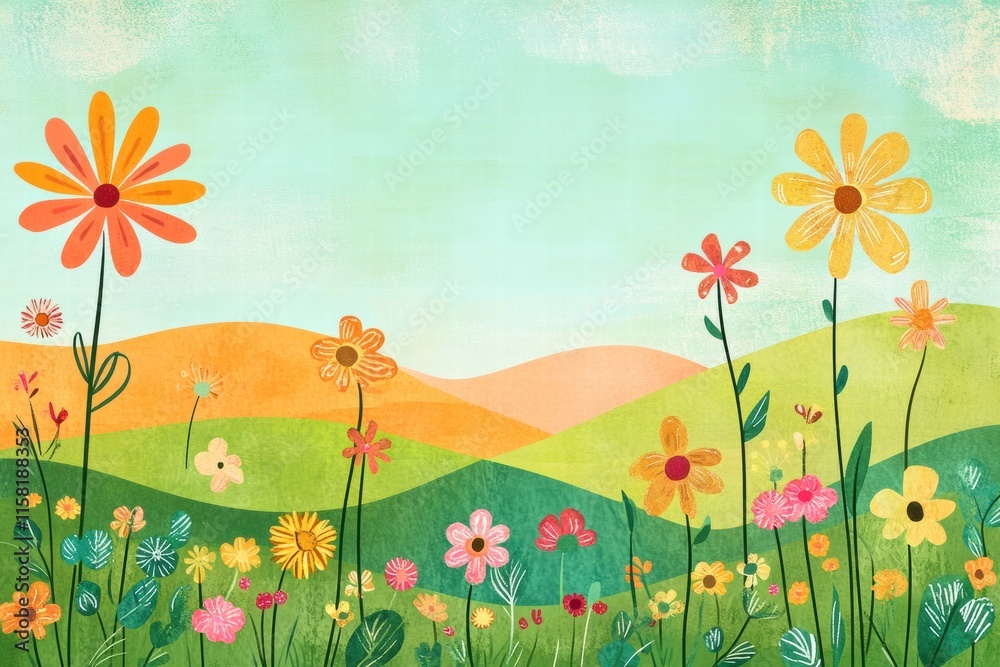 Fototapete bright and colorful naive art landscape with flowers and hills creating a cheerful atmosphere suitab