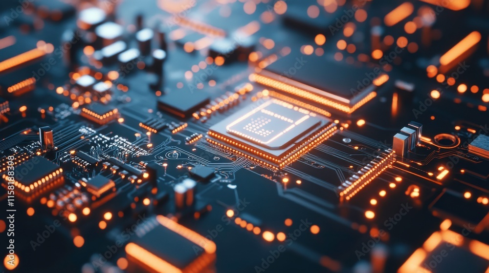 Poster detailed animated microchip graphics in tech workshop