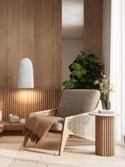A cozy, modern living space featuring a wooden accent wall, a comfortable chair, a plant, and stylish decor elements. 3d rendering interior.