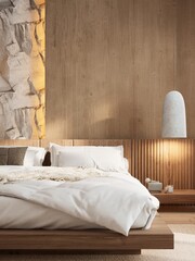 A serene bedroom featuring a wooden bed, soft linens, textured wall, and minimalist lighting, creating a cozy and inviting atmosphere. 3d rendering.