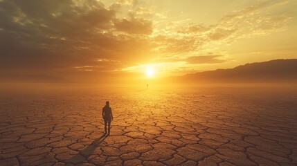 A solitary figure walks across a cracked landscape at sunset, evoking a sense of isolation.