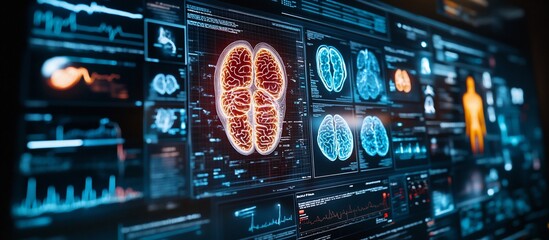 Obraz premium Neurological Data Visualization: Advanced Brain Scan Analysis on a Futuristic Interface