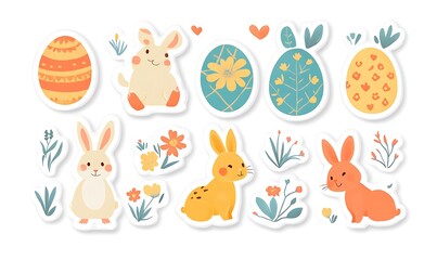 Sticker sheet featuring Easter bunnies and eggs, easter background