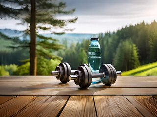 Dumbbells and a water bottle rest on a wooden deck overlooking a serene mountain landscape.  A perfect scene for outdoor fitness and hydration.