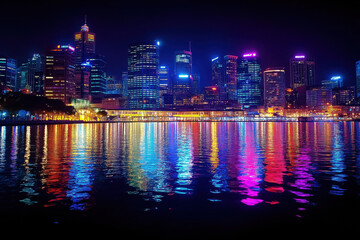 Fototapeta premium Vibrant city skyline reflected in calm water at night.