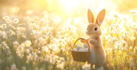 Fototapeta premium A cute bunny standing in tall grass, holding an Easter basket, easter background