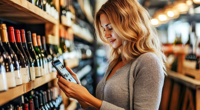 Happy smiling lady choosing wine for holiday in a wine shop