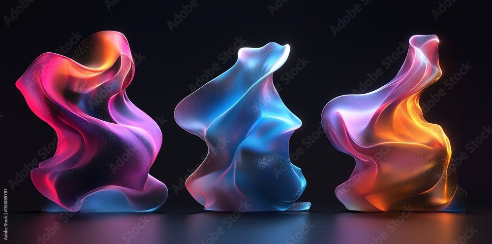 Poster Abstract colorful sculptures with flowing shapes and luminous effects on a dark background.