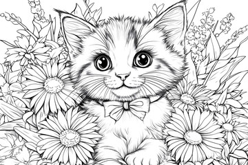 A cute cat is sitting in a field of flowers. The cat is wearing a bow tie and has a big smile on its face. The flowers are of various colors and sizes, creating a vibrant and cheerful scene