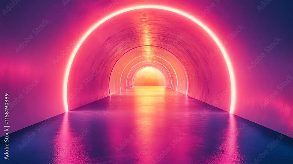 Poster A vibrant neon tunnel reflecting light, creating a surreal, futuristic atmosphere.