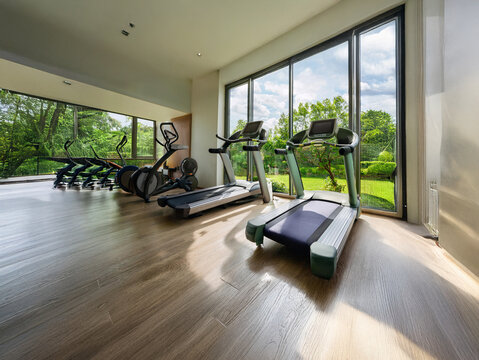 Bright, modern home gym with large windows overlooking a lush green garden. Cardio equipment, including treadmills and elliptical trainers, are neatly arranged on light wood flooring. Sunlight strea