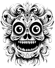 Obraz premium A black and white drawing of a skull with a smile on its face. The skull has a large mouth and is surrounded by a lot of detail, including flowers and leaves. Scene is playful and whimsical