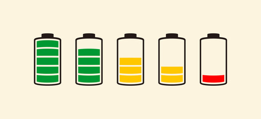 Battery fast charging features and issues icon set in black and colorful style. Battery symbols with fast charging, exclamation, low, plus, minus, tick and full charge signs