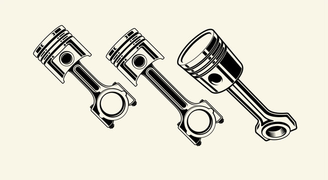 three pistons monochrome style vector illustration isolated on cream background. Design element for poster, flyer, card, banner. Engine Piston Vector. Car pistons vector illustration. 