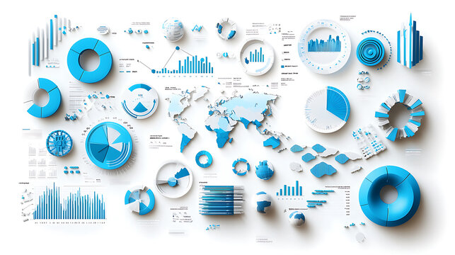detailed marketing analytics dashboard featuring blue charts, graphs, and data visualizations, showcasing global statistics and trends