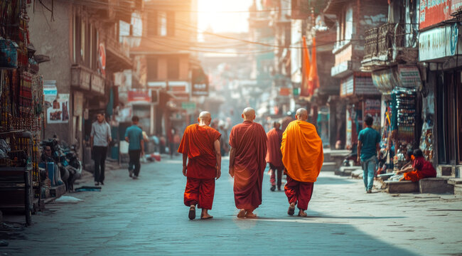 Tibetan Buddhist monks walk in kasaya robes on the streets of Kathmandu