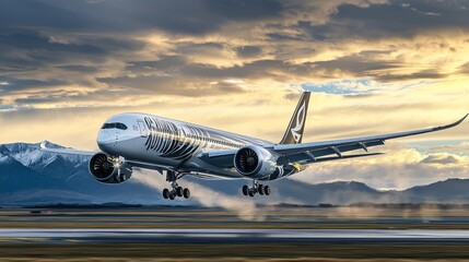 Obraz premium An airplane taking off against a scenic backdrop of mountains and clouds.
