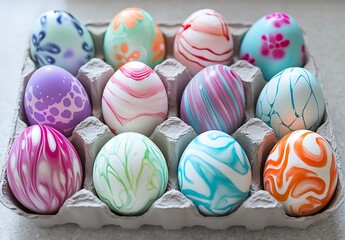 Obraz premium A photo of colorful dyed eggs in an egg carton, easter egg background