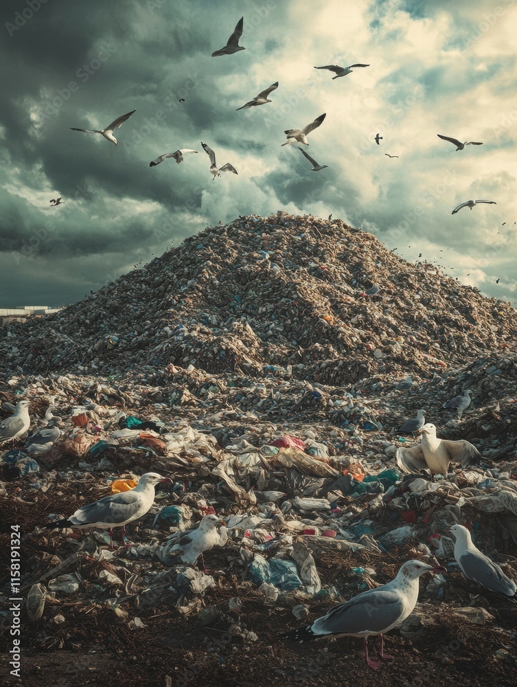 Aufkleber Massive landfill with seagulls flying above amidst clouds and debris creating a striking contrast in the skyline. Generative AI