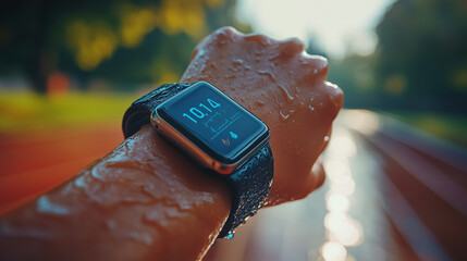 Active fitness shot: hand wearing smart wearables, tracking heart rate and steps, on a lush green running track