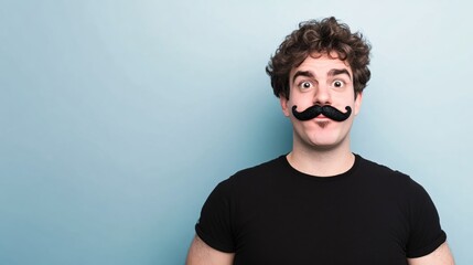 Fototapeta premium Young Man with Curly Hair and Mustache Prop Against Blue Background