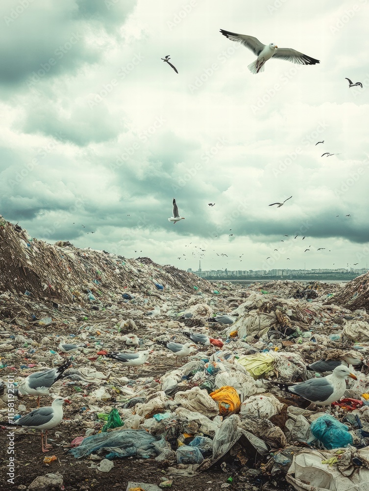 Poster seagulls soaring over a sprawling landfill with scattered waste and overcast skies. generative ai