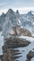 Fototapeta premium Two Snow Leopards on Snowy Mountain Ridge, Wildlife in Himalayas